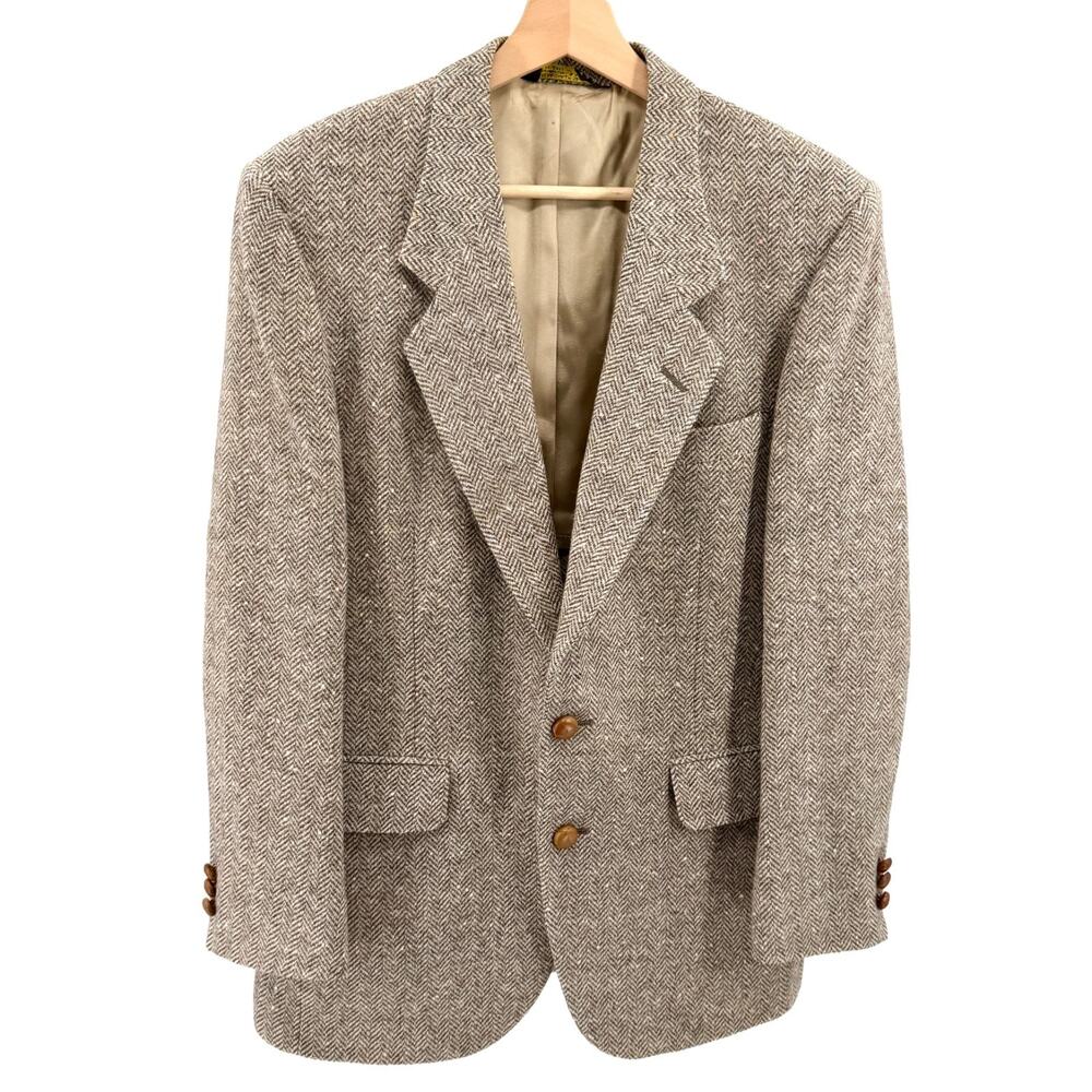 Vintage 80s Nino Cerruti Tan Chevron Tweed Wool Preppy Double Vent Blazer